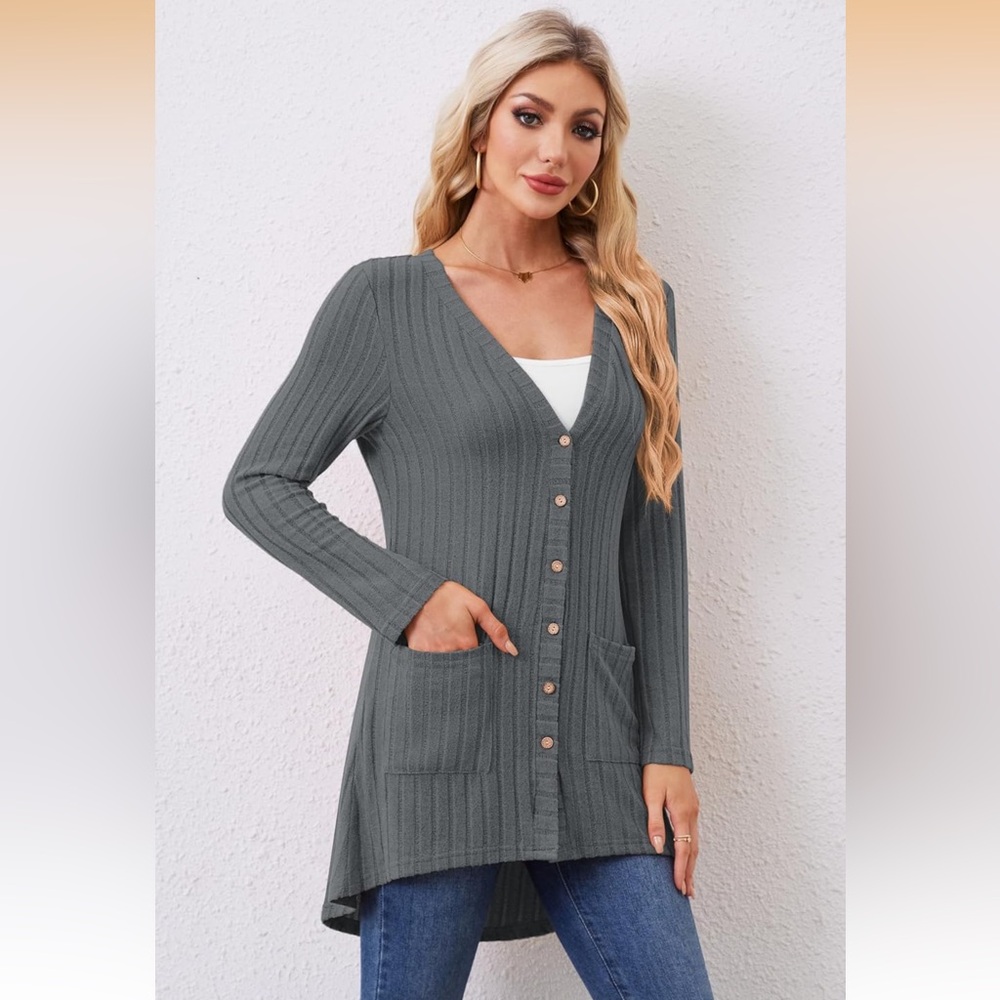 NWT 🖤 OVERSIZED LONG GRAY LIGHTWEIGHT KNIT CARDIGAN SWEATER Women’s XL 20/22 - Picture 3 of 11